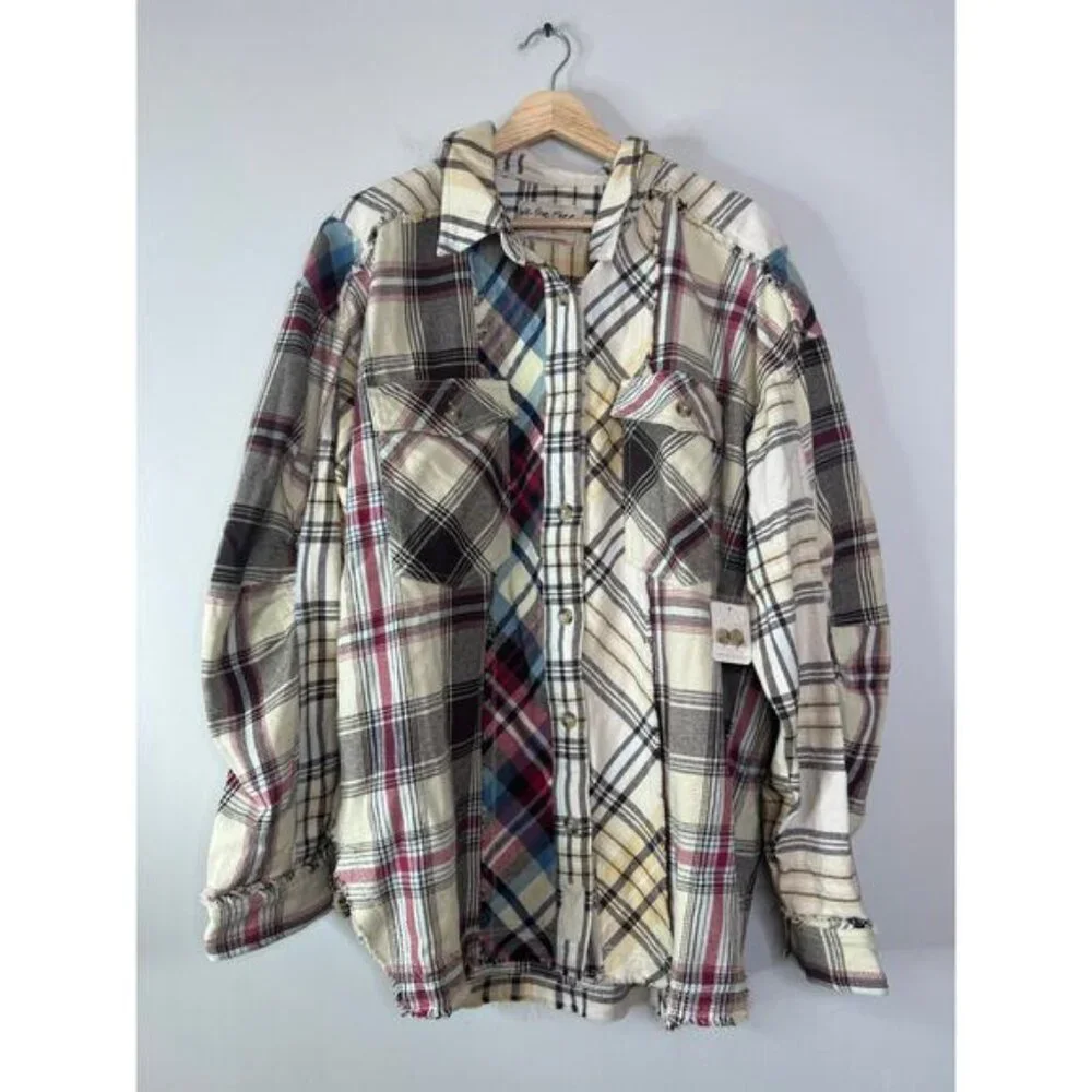 NWT Free People Patched Up Plaid Shirt at Free People Oatmeal Size: Large